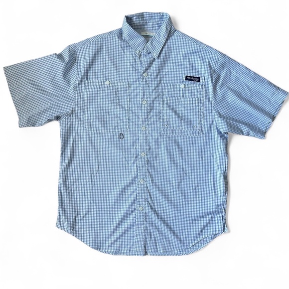 Columbia Shirt Mens MEDIUM Blue White Plaid PFG Button Up Vented Fishing Hiking - Picture 1 of 7